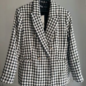 Zara Women's Black and White Houndstooth Blazer